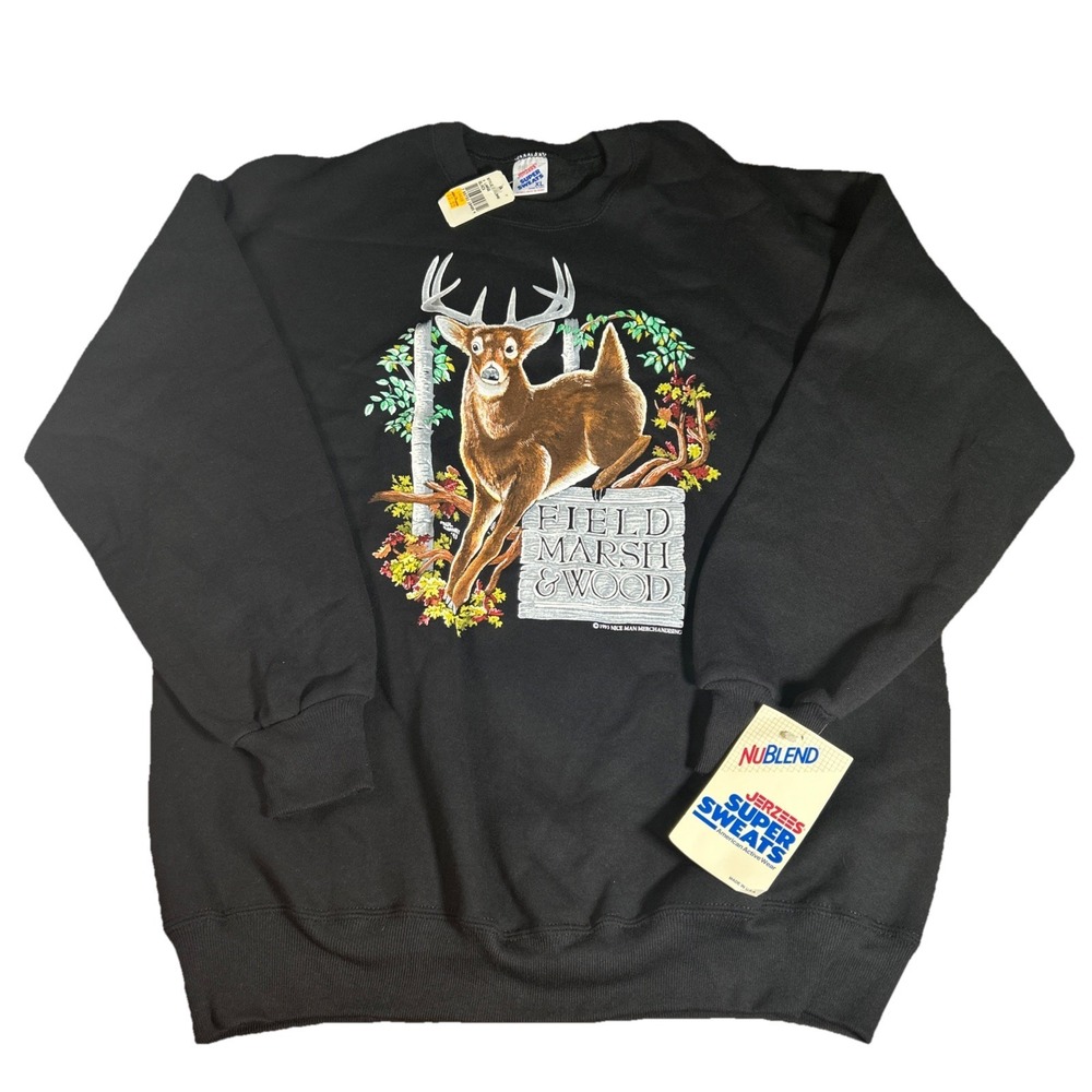 NWT Vintage Jerzees Sweatshirt Men's XL‎ Black Deer Pullover 90s USA Nature